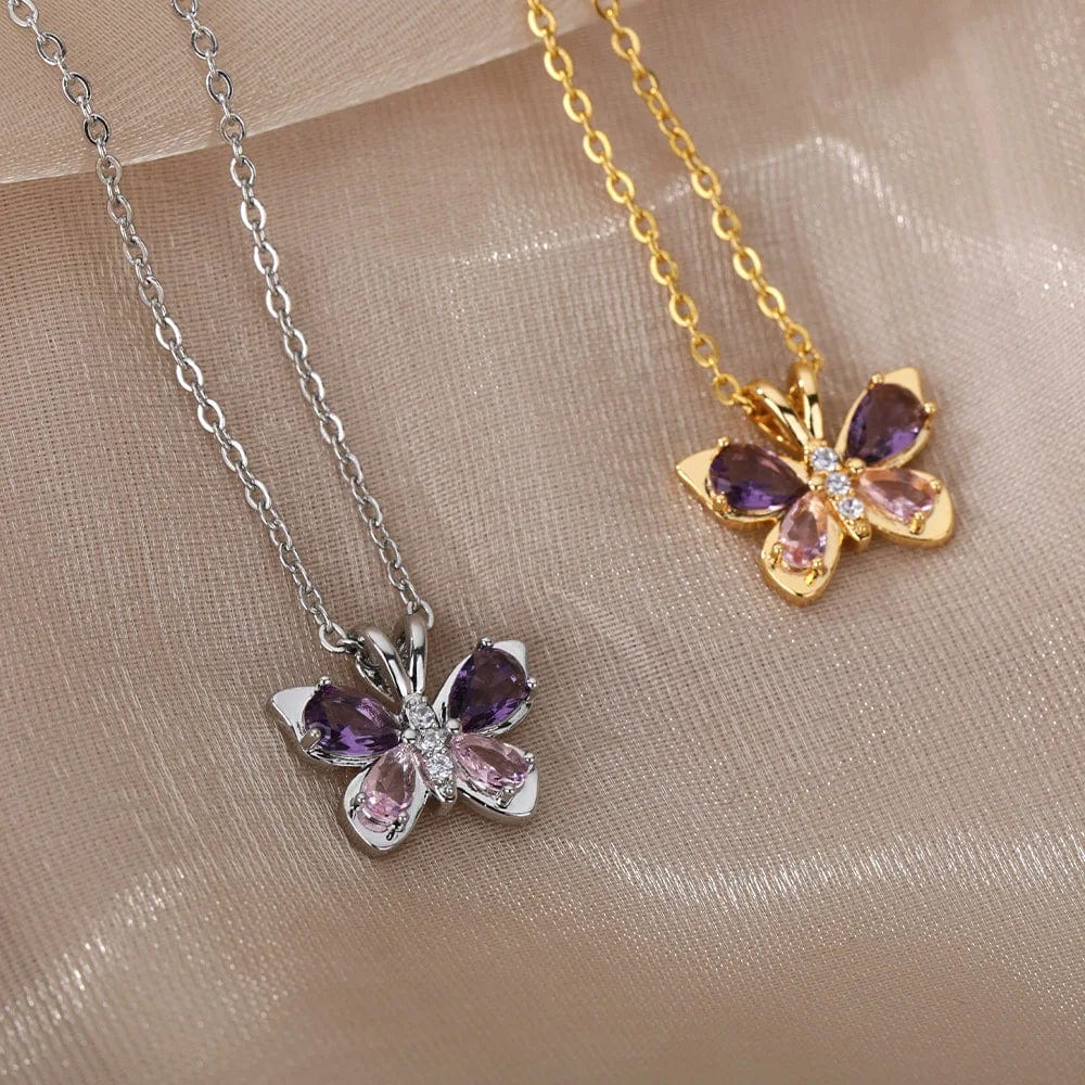 Purple Crystal Butterfly Pendant Necklace For Women Stainless Steel Cubic Zirconia Gold Color Necklaces Couple Aesthetic Jewelry