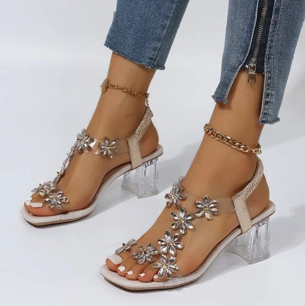 Sandals Women's Summer New Fashion Women's Shiny Butterfly Flowers Rhinestone Transparent Root Open Toe Sandals Women's Shoes