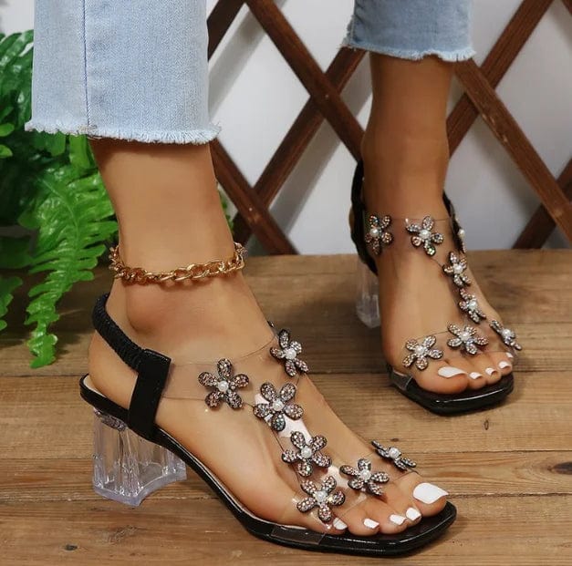 Sandals Women's Summer New Fashion Women's Shiny Butterfly Flowers Rhinestone Transparent Root Open Toe Sandals Women's Shoes