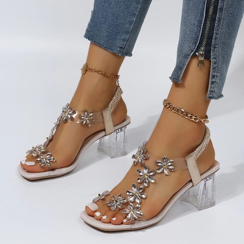 Sandals Women's Summer New Fashion Women's Shiny Butterfly Flowers Rhinestone Transparent Root Open Toe Sandals Women's Shoes