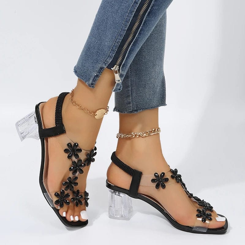 Sandals Women's Summer New Fashion Women's Shiny Butterfly Flowers Rhinestone Transparent Root Open Toe Sandals Women's Shoes