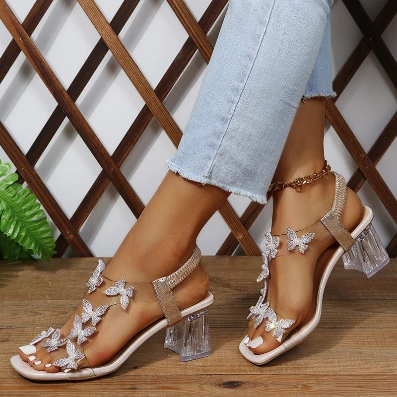 Sandals Women's Summer New Fashion Women's Shiny Butterfly Flowers Rhinestone Transparent Root Open Toe Sandals Women's Shoes