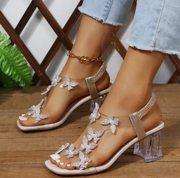 Sandals Women's Summer New Fashion Women's Shiny Butterfly Flowers Rhinestone Transparent Root Open Toe Sandals Women's Shoes