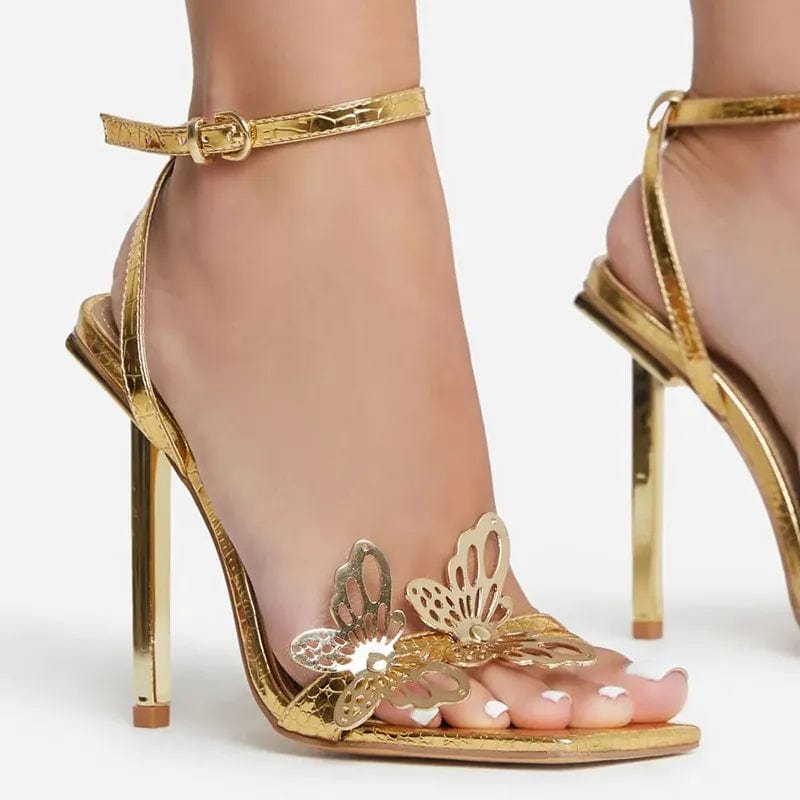 Sexy Square Toe High Heels for Women Summer Sandals Fashion Metal Butterfly Decor Gold Stiletto Sandals Lady Party Wedding Shoes