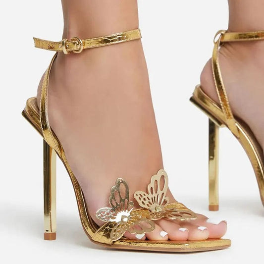 Sexy Square Toe High Heels for Women Summer Sandals Fashion Metal Butterfly Decor Gold Stiletto Sandals Lady Party Wedding Shoes