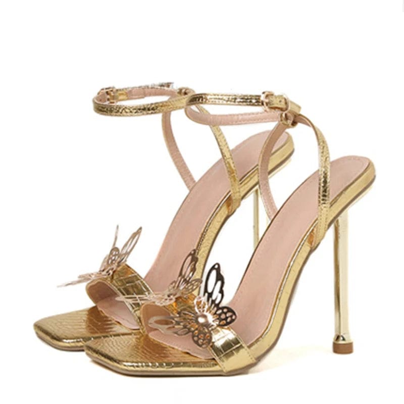 Sexy Square Toe High Heels for Women Summer Sandals Fashion Metal Butterfly Decor Gold Stiletto Sandals Lady Party Wedding Shoes