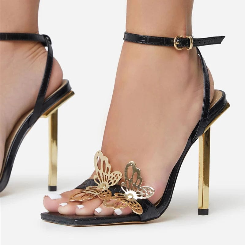 Sexy Square Toe High Heels for Women Summer Sandals Fashion Metal Butterfly Decor Gold Stiletto Sandals Lady Party Wedding Shoes