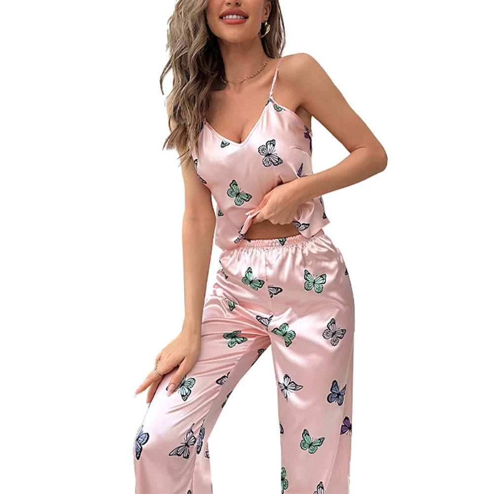 Sexy Women Sleepwear Satin Silky Pyjamas Set Pink Color Butterfly Underwear Loose Smooth Home Wear 2Pcs Lightweight Lingerie