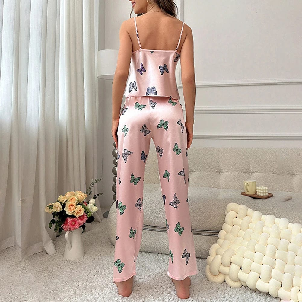 Sexy Women Sleepwear Satin Silky Pyjamas Set Pink Color Butterfly Underwear Loose Smooth Home Wear 2Pcs Lightweight Lingerie