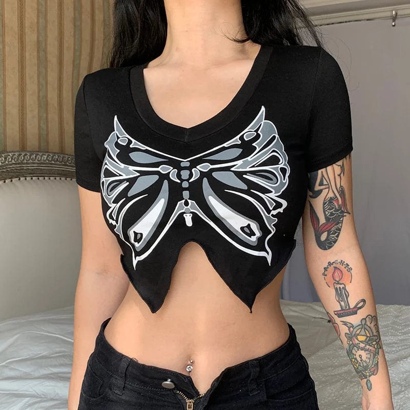 Sexy Y2k Goth Punk Butterfly Top Women Black Short Sleeve T-shirt Irregular Crop Tops Summer Egirl Streetwear Slim Baby Tee