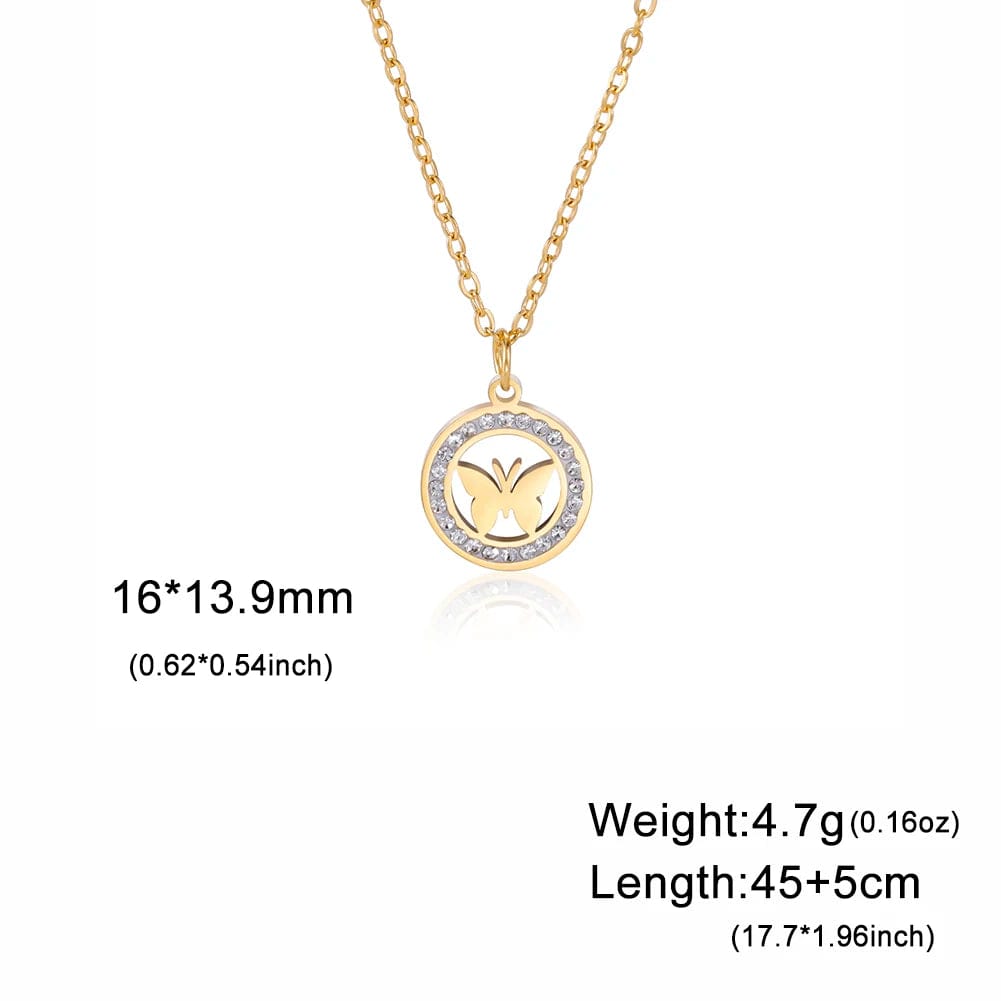 Skyrim Butterfly Clear Zircon Round Pendant Necklace Women Stainless Steel Gold Color Clavicle Chain Kpop Wedding Jewelry Gift