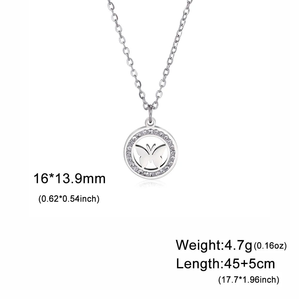 Skyrim Butterfly Clear Zircon Round Pendant Necklace Women Stainless Steel Gold Color Clavicle Chain Kpop Wedding Jewelry Gift