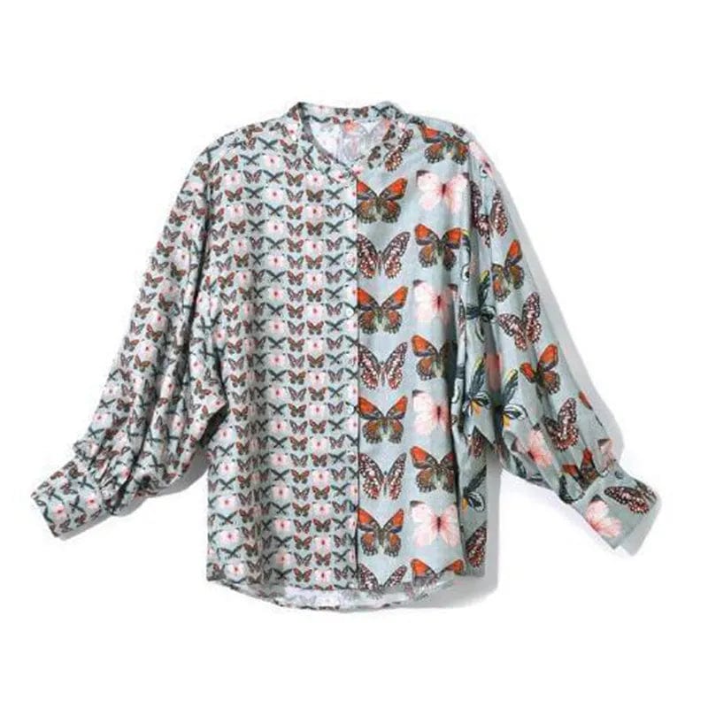 Spring Autumn Female Clothing Butterfly Print Chiffon Lantern Long Sleeved Shirt Korean Stand Collar Patchwork Button Blouses