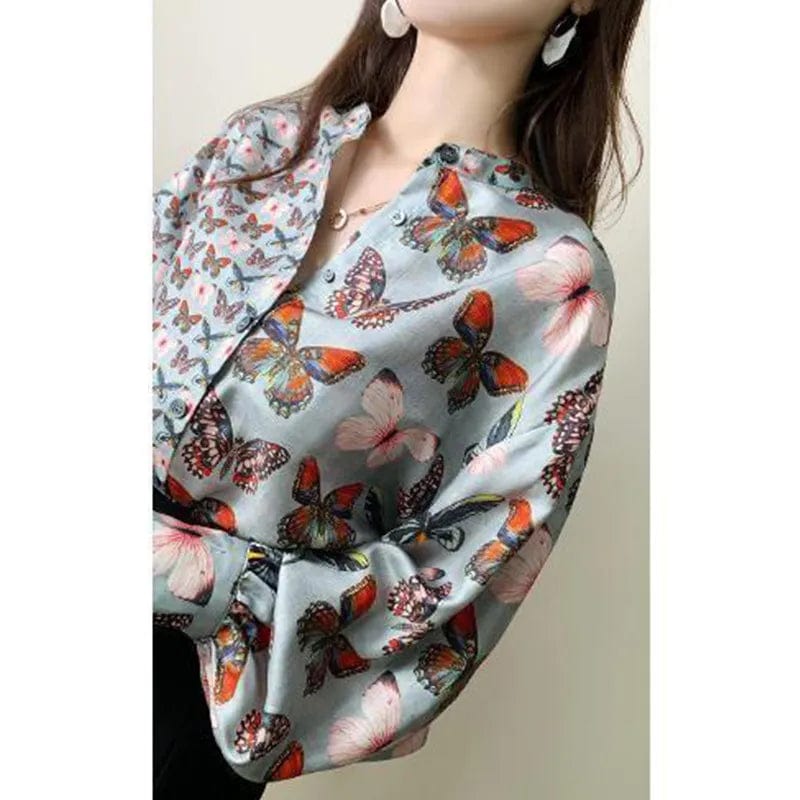 Spring Autumn Female Clothing Butterfly Print Chiffon Lantern Long Sleeved Shirt Korean Stand Collar Patchwork Button Blouses