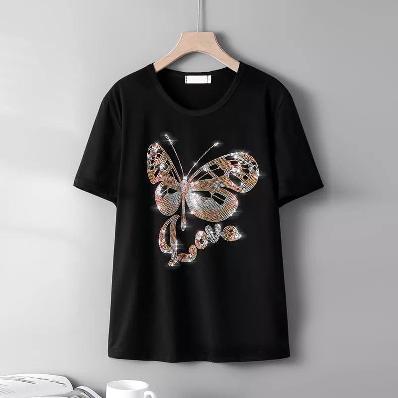 Summer Breathable New Fashion short-sleeve T-shirts female personality Butterflies Hot diamonds Pattern Loose Casual women tops