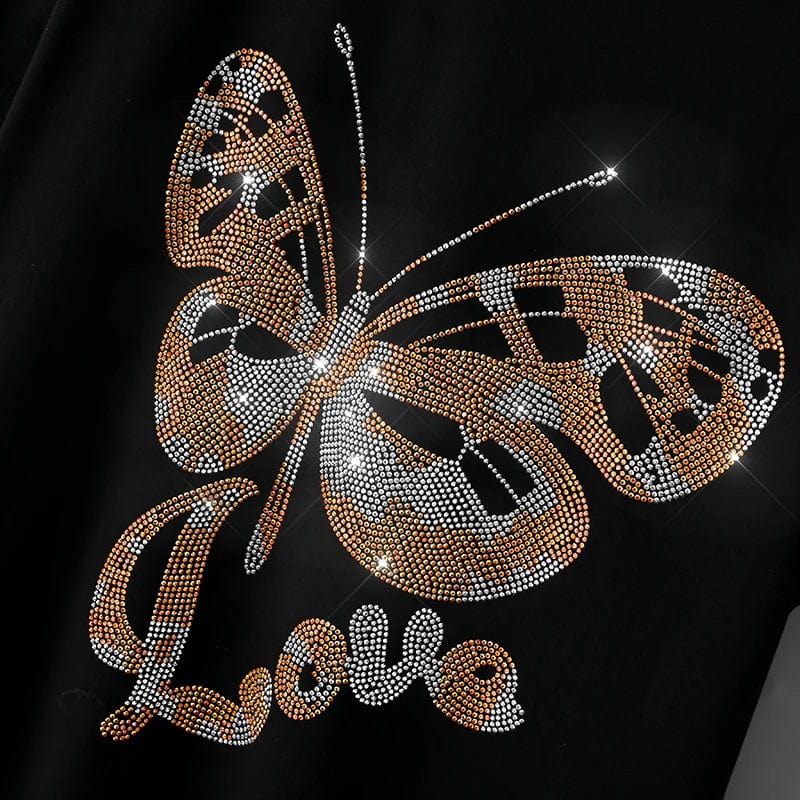 Summer Breathable New Fashion short-sleeve T-shirts female personality Butterflies Hot diamonds Pattern Loose Casual women tops