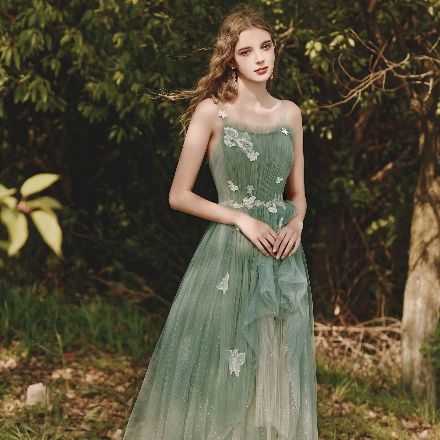 Summer Lady Fairy Spirit Quinceanera Dress Green Tulle Butterfly Decoration Sling Formal Dresses Off Shoulder Ruffles Ball Gown