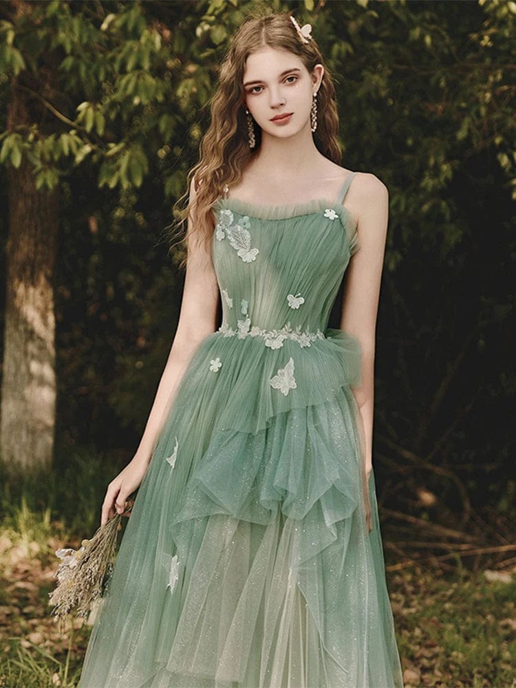 Summer Lady Fairy Spirit Quinceanera Dress Green Tulle Butterfly Decoration Sling Formal Dresses Off Shoulder Ruffles Ball Gown