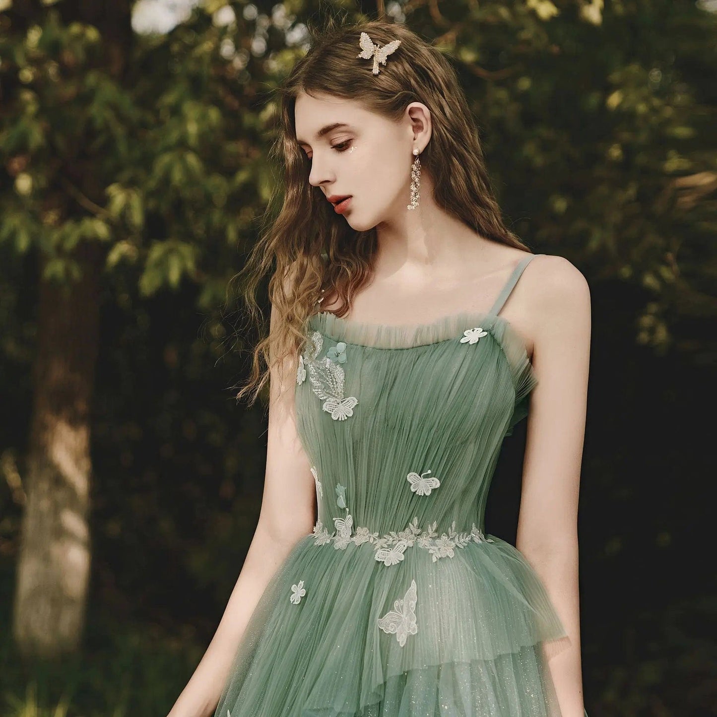 Summer Lady Fairy Spirit Quinceanera Dress Green Tulle Butterfly Decoration Sling Formal Dresses Off Shoulder Ruffles Ball Gown