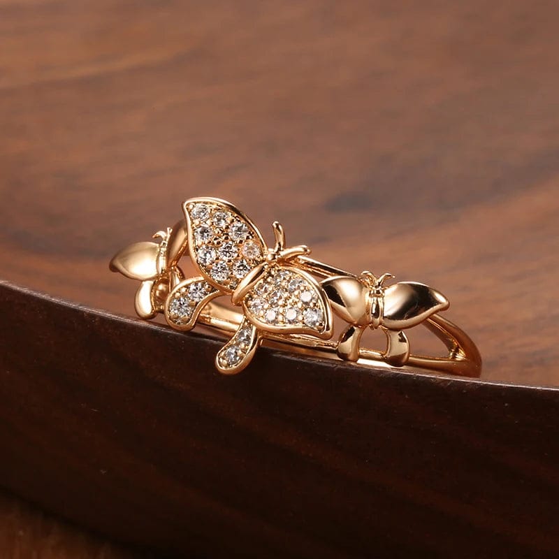 Trendy Butterfly Rings Glossy 585 Rose Gold Women Micro Inlay Zircon Ring Gold Plated Bling Engagement Wedding Jewelry Gift