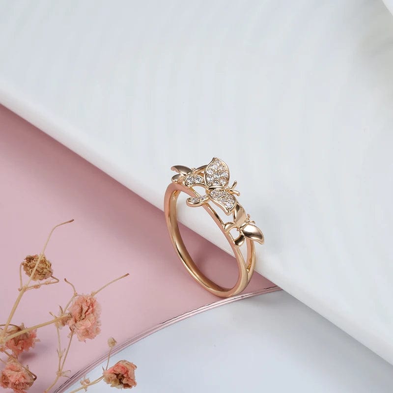 Trendy Butterfly Rings Glossy 585 Rose Gold Women Micro Inlay Zircon Ring Gold Plated Bling Engagement Wedding Jewelry Gift