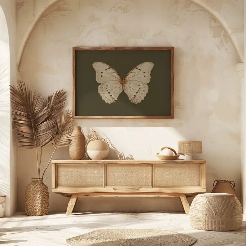 Vintage White Butterfly Print, Dark Moody Insect Printable Wall Art, Green Decor Digital, Antique Moth Painting