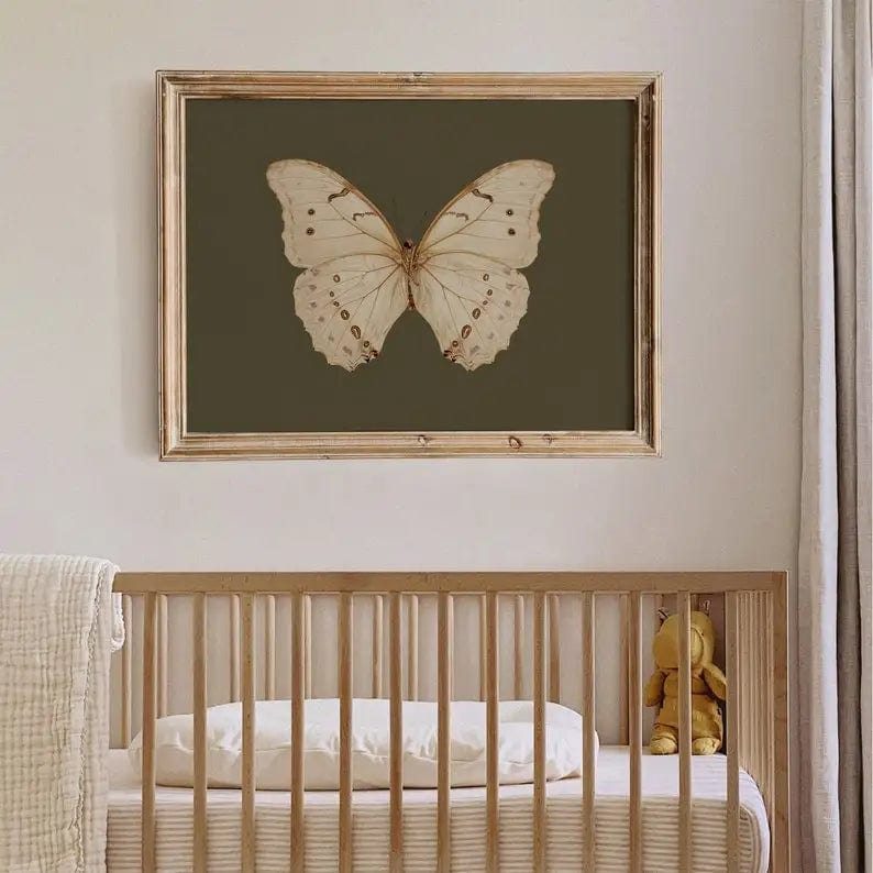 Vintage White Butterfly Print, Dark Moody Insect Printable Wall Art, Green Decor Digital, Antique Moth Painting