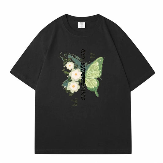 WAVLATII New Women BV Green 100% Cotton T shirts Female Butterfly Printed High Street Tees Lady Casual Short Sleeve Tops