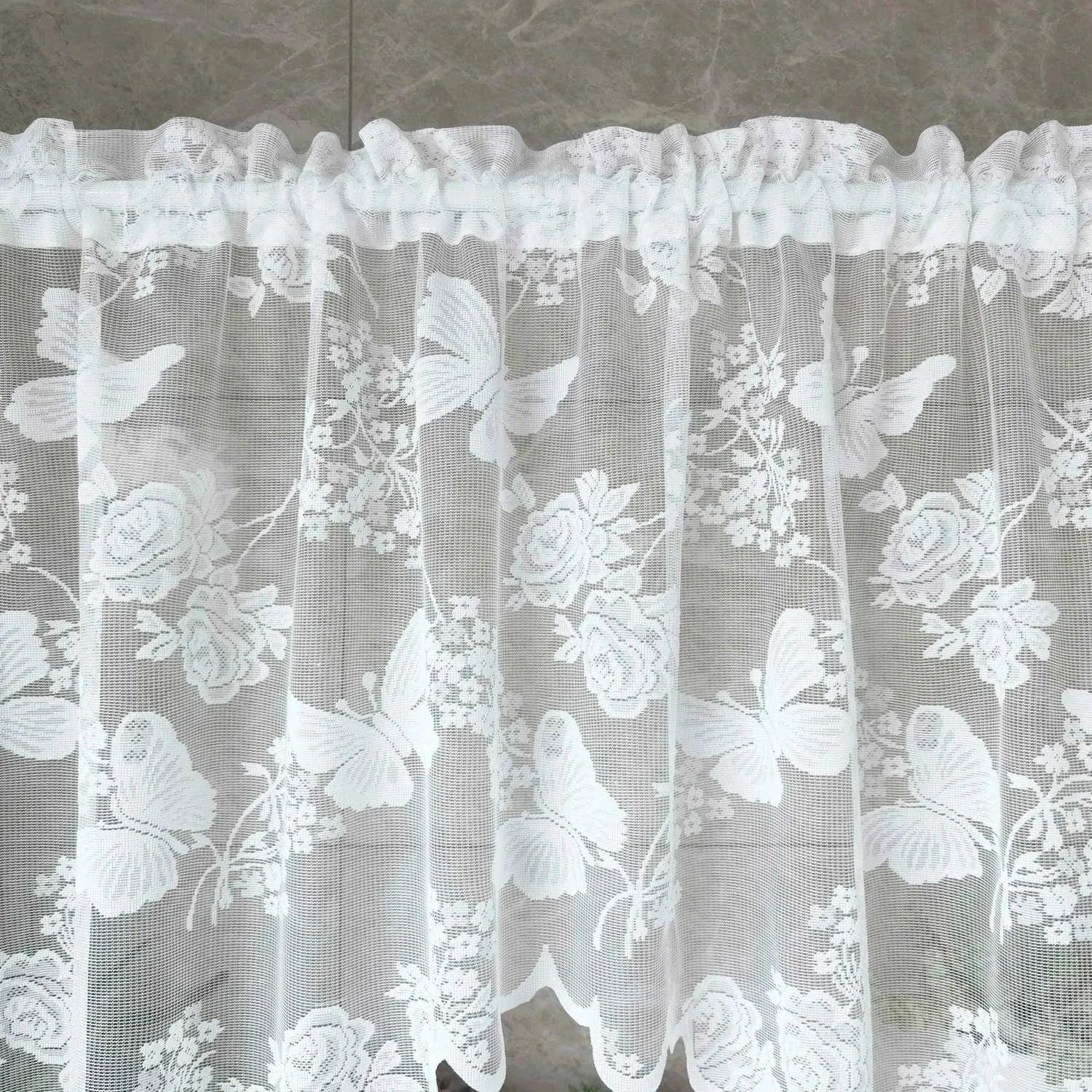 White Embroidered Butterfly Sheer Roman Short Curtains French Romantic Kitchen Small Window Half Curtain Rod Pocket Top Drapery