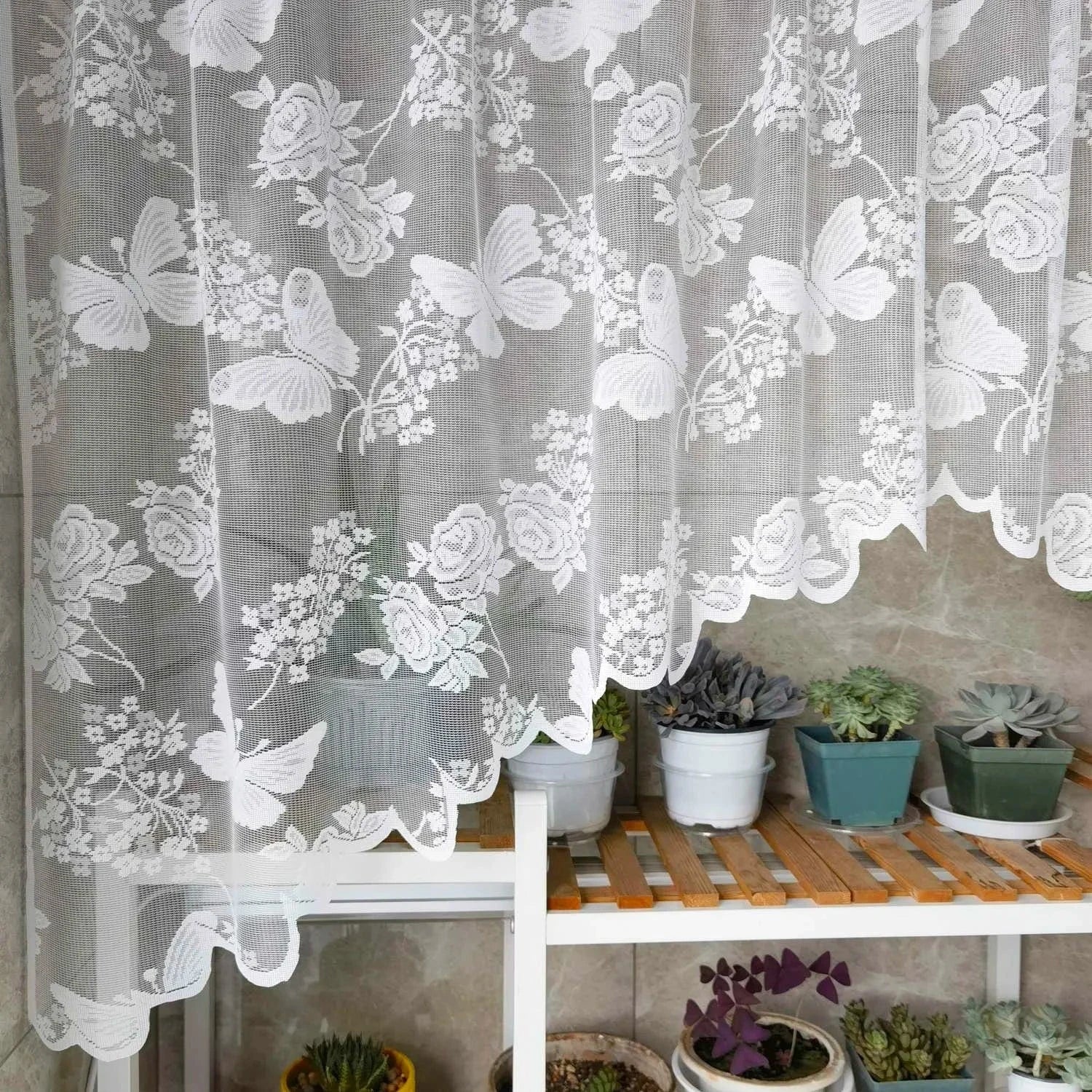 White Embroidered Butterfly Sheer Roman Short Curtains French Romantic Kitchen Small Window Half Curtain Rod Pocket Top Drapery