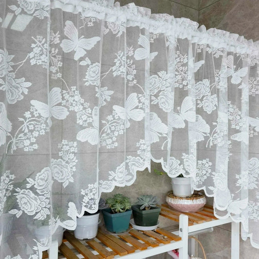 White Embroidered Butterfly Sheer Roman Short Curtains French Romantic Kitchen Small Window Half Curtain Rod Pocket Top Drapery