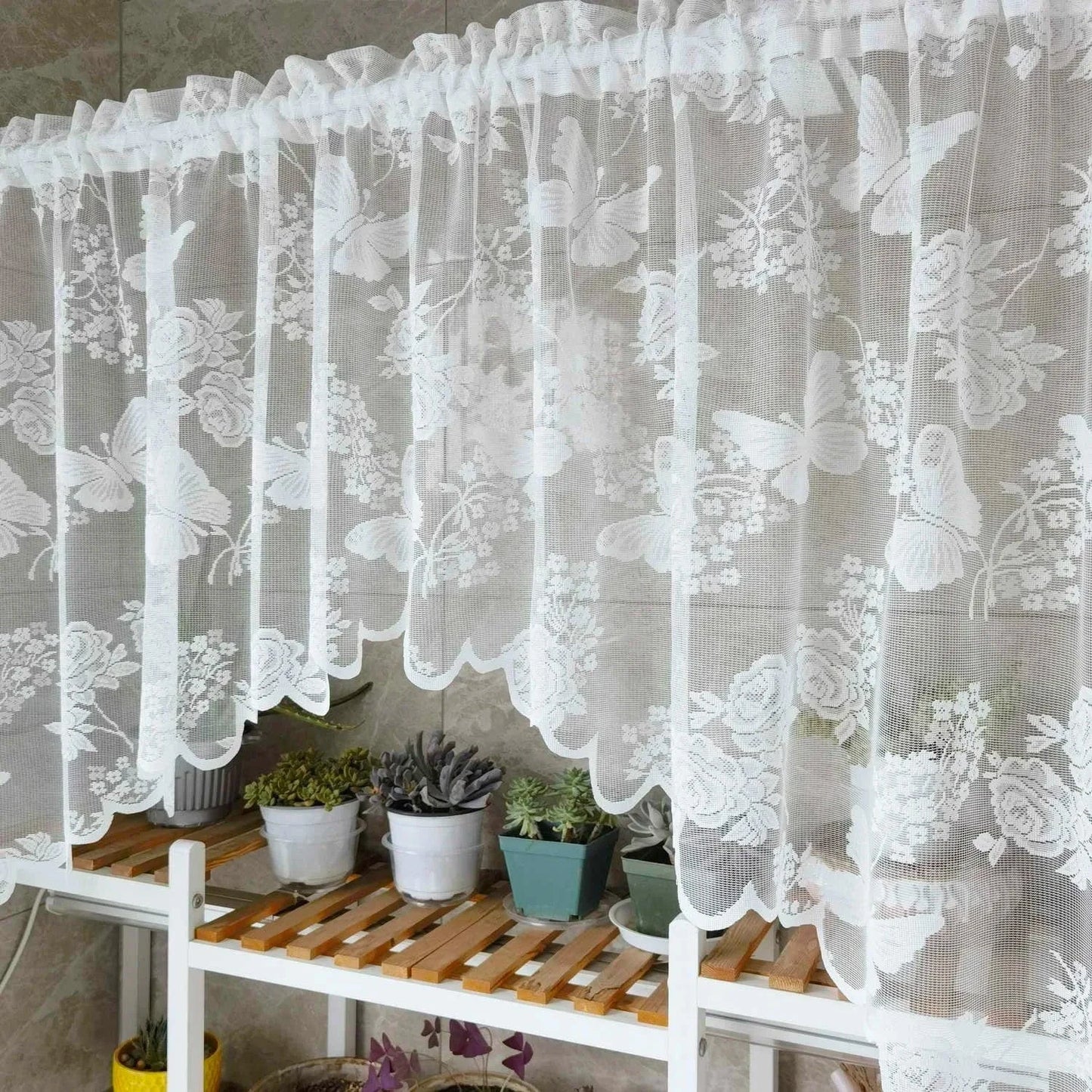 White Embroidered Butterfly Sheer Roman Short Curtains French Romantic Kitchen Small Window Half Curtain Rod Pocket Top Drapery