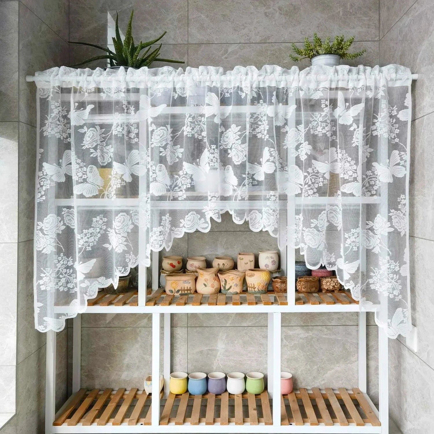 White Embroidered Butterfly Sheer Roman Short Curtains French Romantic Kitchen Small Window Half Curtain Rod Pocket Top Drapery