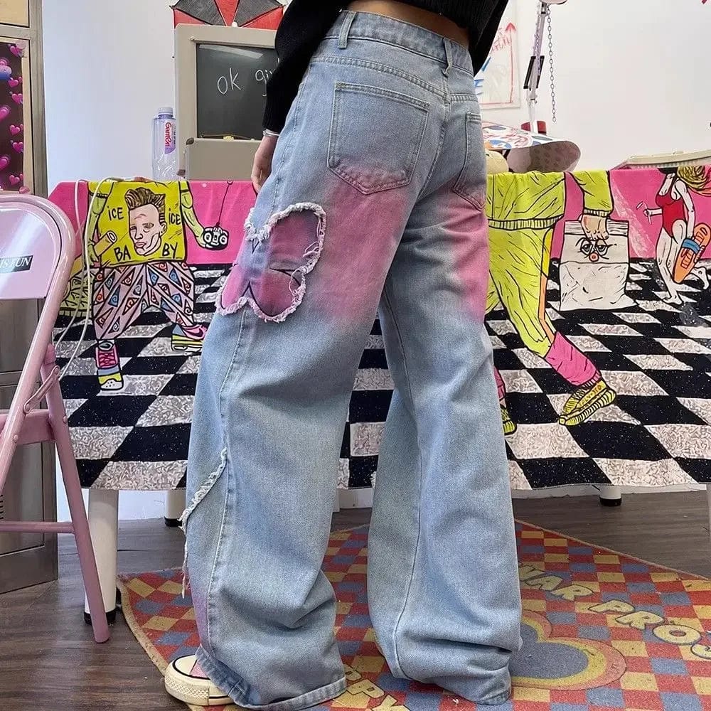 Women Blue Butterfly Jeans Baggy Vintage Y2k Denim Trousers 2000s Harajuku Wide Leg Cowboy Pants Trashy 90s Aesthetic Clothes