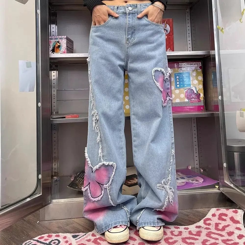 Women Blue Butterfly Jeans Baggy Vintage Y2k Denim Trousers 2000s Harajuku Wide Leg Cowboy Pants Trashy 90s Aesthetic Clothes