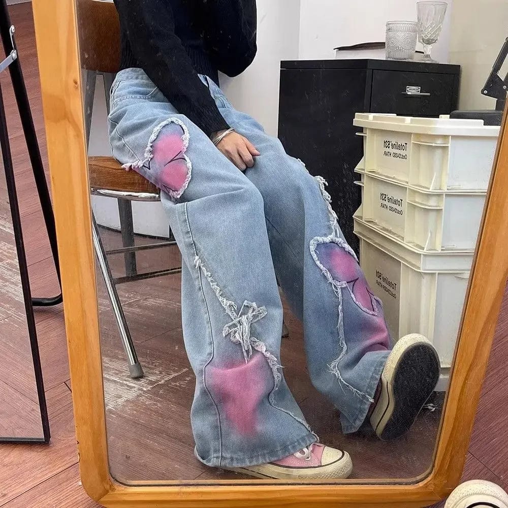 Women Blue Butterfly Jeans Baggy Vintage Y2k Denim Trousers 2000s Harajuku Wide Leg Cowboy Pants Trashy 90s Aesthetic Clothes