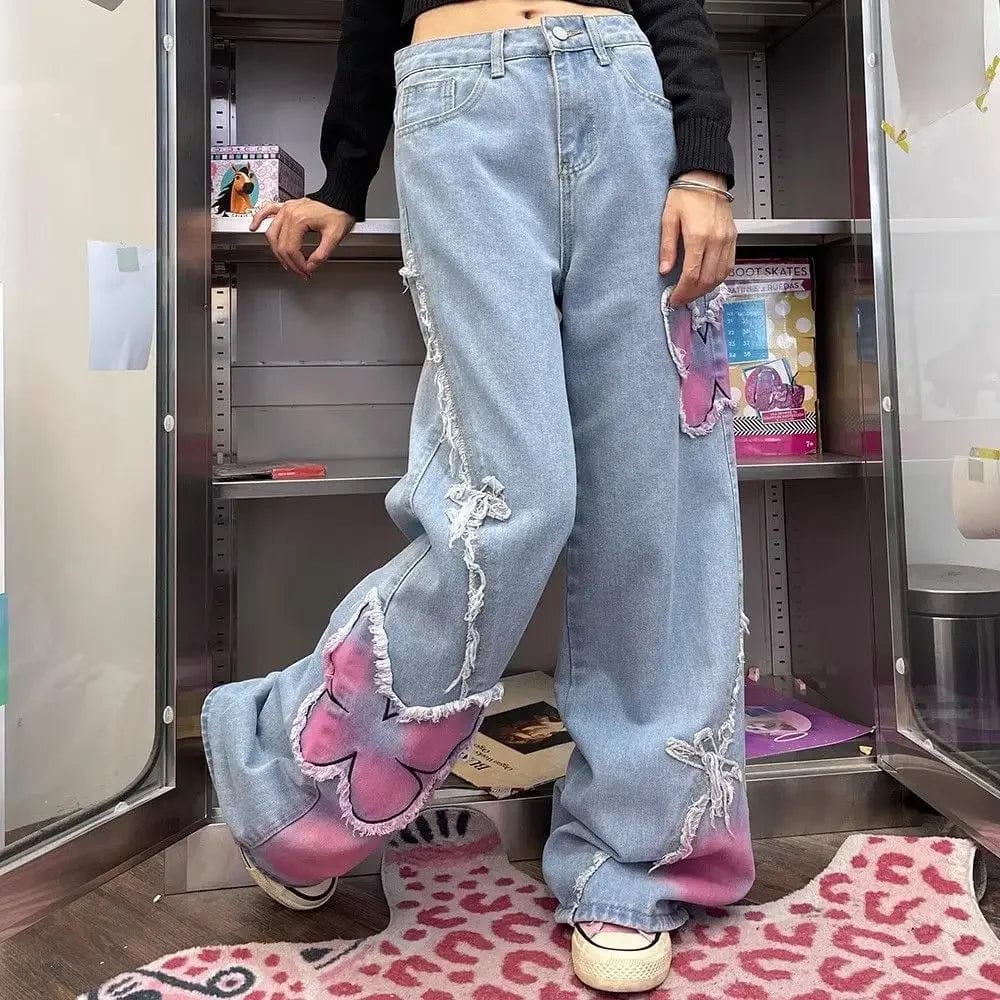 Women Blue Butterfly Jeans Baggy Vintage Y2k Denim Trousers 2000s Harajuku Wide Leg Cowboy Pants Trashy 90s Aesthetic Clothes