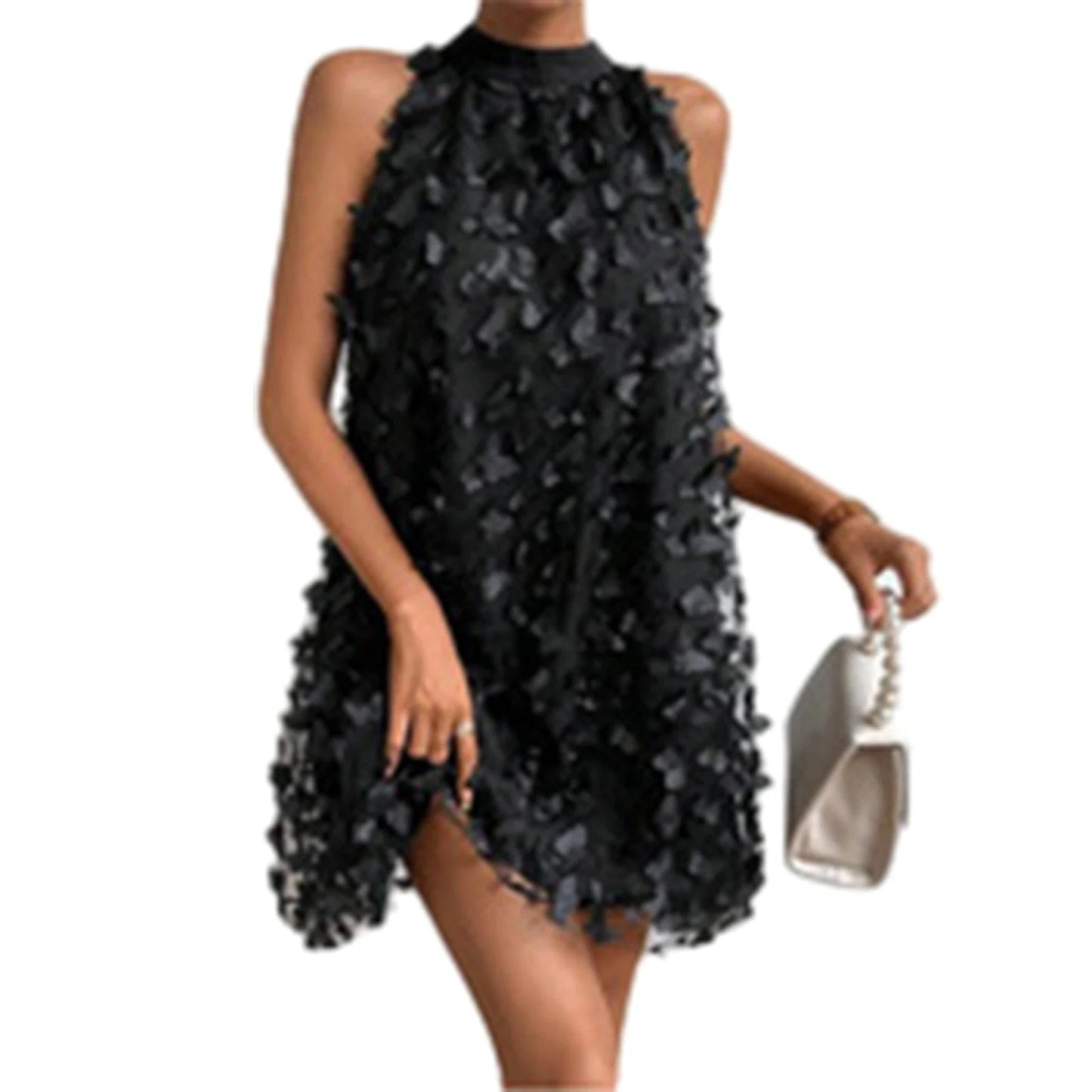 Women Evening Party Dress Butterfly Appliques Mesh Overlay Halter Neck Sleeveless Dress Summer Cocktail Mini Dress