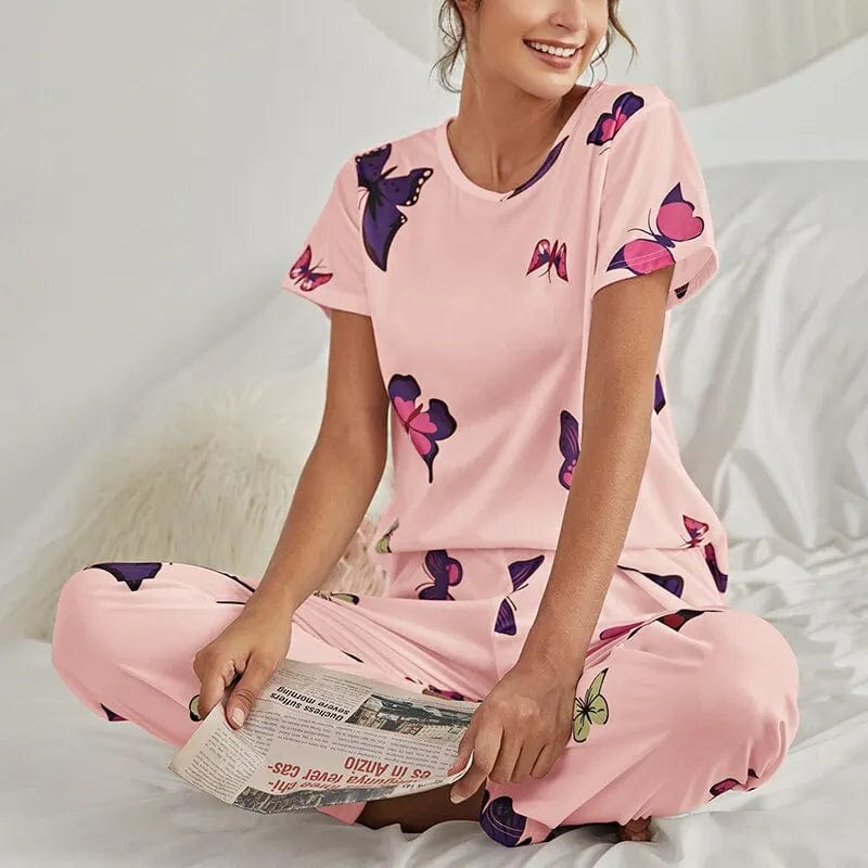 Women Pajamas Set Butterfly Print Sleepwear Pj Short Sleeve Nightwear Tops And Long Pant Loungewear Pijama Pyjamas Suit Homewear