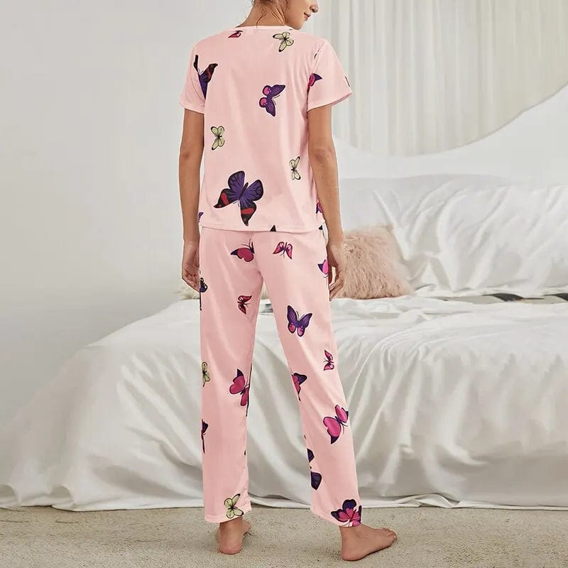 Women Pajamas Set Butterfly Print Sleepwear Pj Short Sleeve Nightwear Tops And Long Pant Loungewear Pijama Pyjamas Suit Homewear