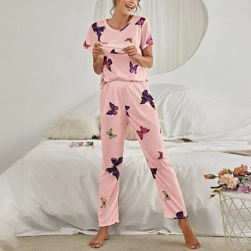 Women Pajamas Set Butterfly Print Sleepwear Pj Short Sleeve Nightwear Tops And Long Pant Loungewear Pijama Pyjamas Suit Homewear