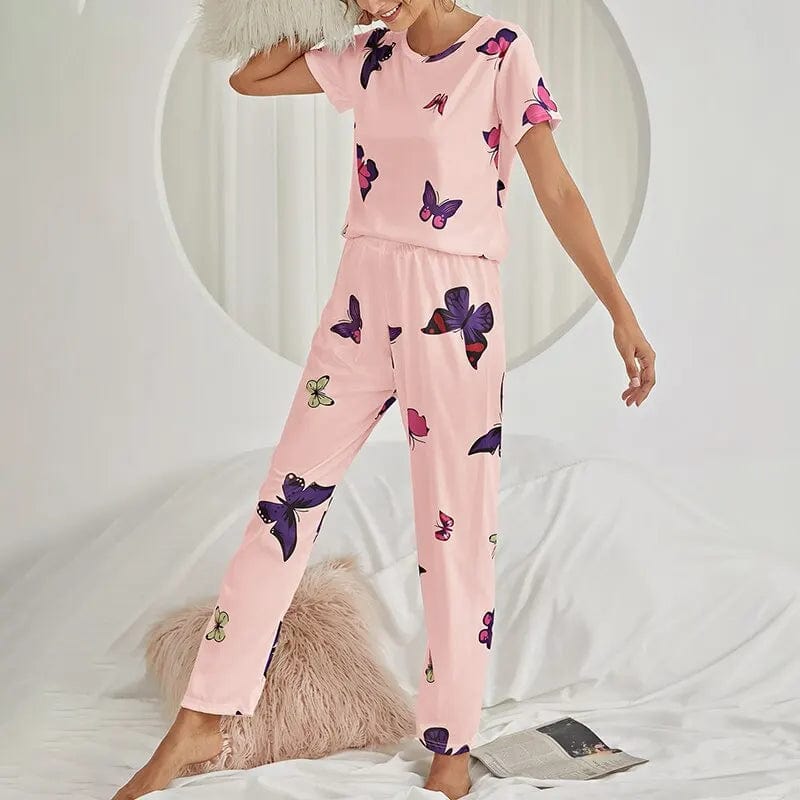 Women Pajamas Set Butterfly Print Sleepwear Pj Short Sleeve Nightwear Tops And Long Pant Loungewear Pijama Pyjamas Suit Homewear