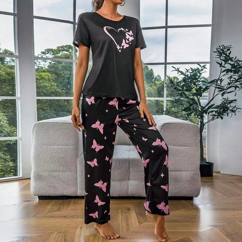 Women Pajamas Sets Sleepwear Summer 2 Pieces Pijama Short Sleeve Tops With Pants Set Butterfly Printing Pyjama Femme Loungewear