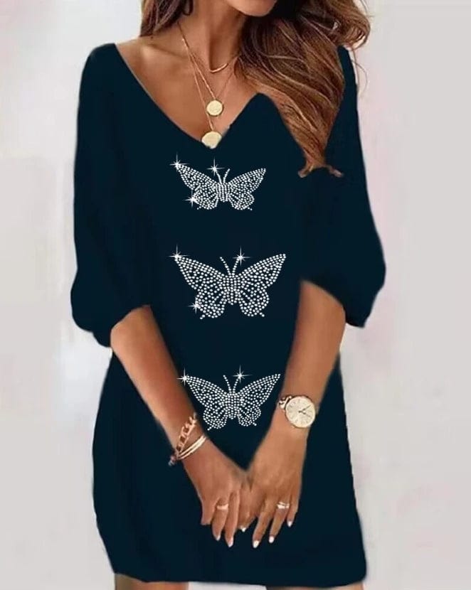 Women's Dress Spring/summer Women's V-Neck Rhinestone Butterfly Pattern Straight Dress Solid Color Half Sleeve Casual Dress