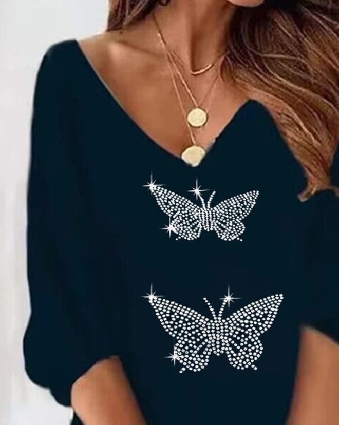 Women's Dress Spring/summer Women's V-Neck Rhinestone Butterfly Pattern Straight Dress Solid Color Half Sleeve Casual Dress