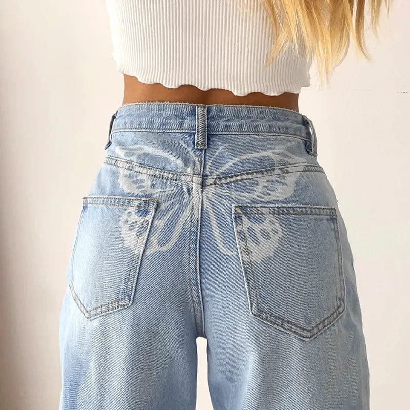 Women's Pants Butterfly Print High Waist Straight-Leg Jeans Y2K for Party Baggy Denim Casaul Wide-Leg Trousers Streetwear