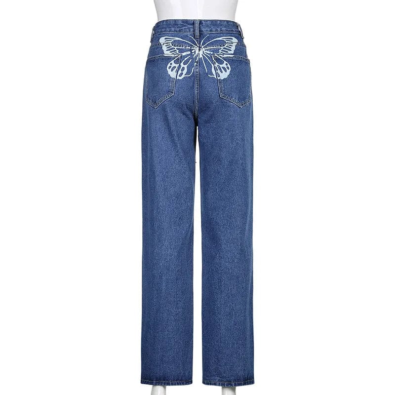 Women's Pants Butterfly Print High Waist Straight-Leg Jeans Y2K for Party Baggy Denim Casaul Wide-Leg Trousers Streetwear