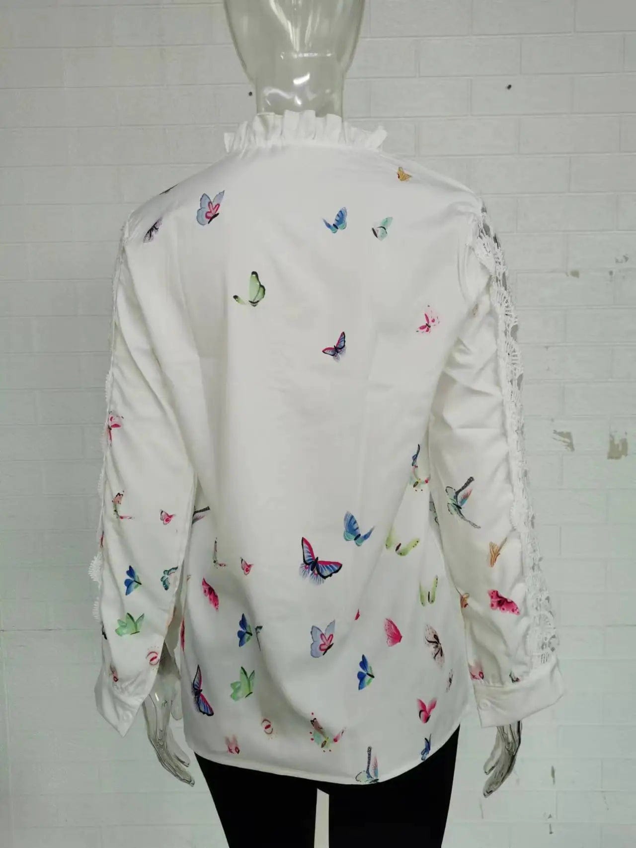 Women's Shirts Fashion Elegant Long Sleeve Butterfly Print Office Lady Top White Women Ruffled Hollow Out Blouse Female Clothing