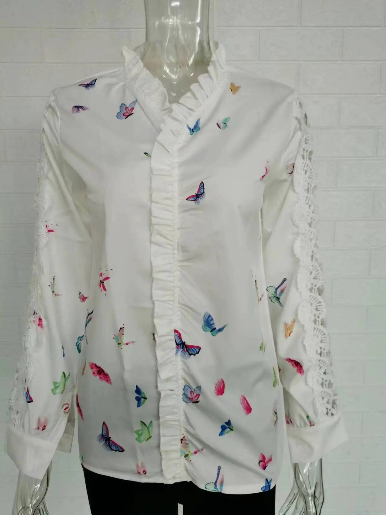 Women's Shirts Fashion Elegant Long Sleeve Butterfly Print Office Lady Top White Women Ruffled Hollow Out Blouse Female Clothing