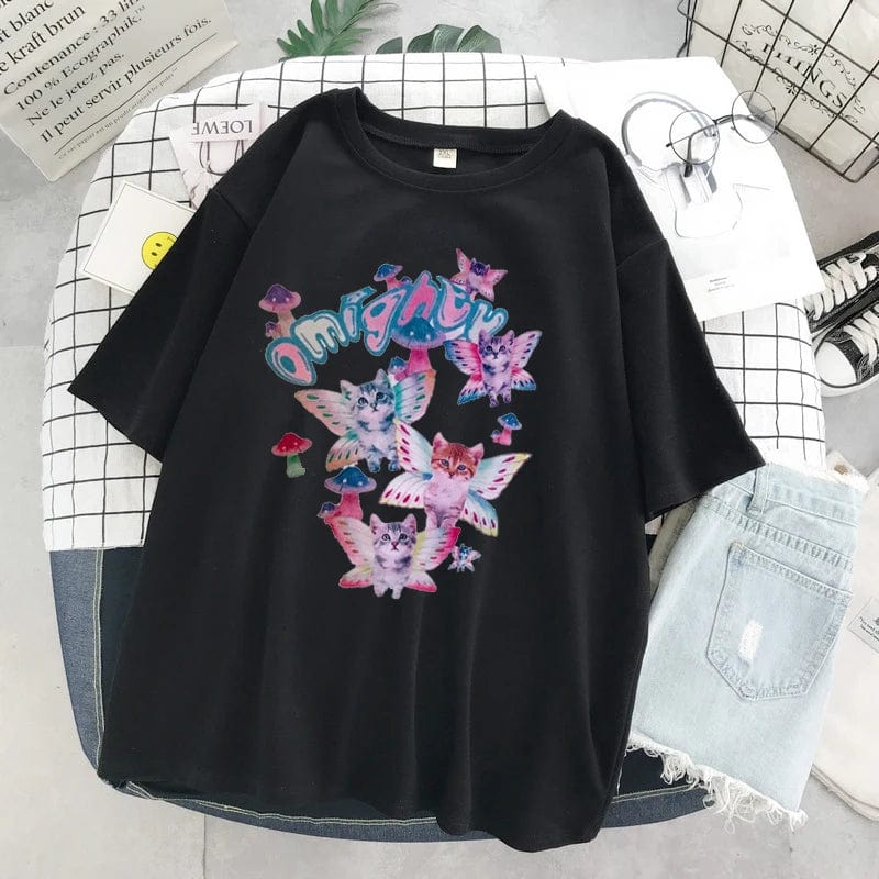 Y2K Oversized Tshirt Harajuku T-shirt Butterfly Mushroom Cat Print Short Sleeve Top Casual Street Vintage Tshirt Punk Clothes